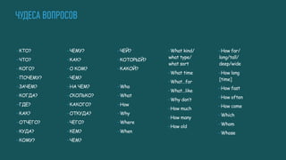 ЧУДЕСА ВОПРОСОВ
—КТО?
—ЧТО?
—КОГО?
—ПОЧЕМУ?
—ЗАЧЕМ?
—КОГДА?
—ГДЕ?
—КАК?
—ОТЧЕГО?
—КУДА?
—КОМУ?
—ЧЕМУ?
—КАК?
—О КОМ?
—ЧЕМ?
—НА ЧЕМ?
—СКОЛЬКО?
—КАКОГО?
—ОТКУДА?
—ЧЕГО?
—КЕМ?
—ЧЕМ?
—ЧЕЙ?
—КОТОРЫЙ?
—КАКОЙ?
—Who
—What
—How
—Why
—Where
—When
—What kind/
what type/
what sort
—What time
—What…for
—What…like
—Why don’t
—How much
—How many
—How old
—How far/
long/tall/
deep/wide
—How long
[time]
—How fast
—How often
—How come
—Which
—Whom
—Whose
 
