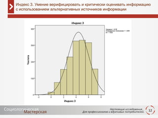 12
Индекс 3. Умение верифицировать и критически оценивать информацию
с использованием альтернативных источников информации
 