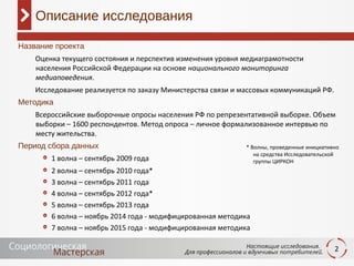2
Описание исследования
Название проекта
Оценка текущего состояния и перспектив изменения уровня медиаграмотности
населения Российской Федерации на основе национального мониторинга
медиаповедения.
Исследование реализуется по заказу Министерства связи и массовых коммуникаций РФ.
Методика
Всероссийские выборочные опросы населения РФ по репрезентативной выборке. Объем
выборки – 1600 респондентов. Метод опроса – личное формализованное интервью по
месту жительства.
Период сбора данных
1 волна – сентябрь 2009 года
2 волна – сентябрь 2010 года*
3 волна – сентябрь 2011 года
4 волна – сентябрь 2012 года*
5 волна – сентябрь 2013 года
6 волна – ноябрь 2014 года - модифицированная методика
7 волна – ноябрь 2015 года - модифицированная методика
* Волны, проведенные инициативно
на средства Исследовательской
группы ЦИРКОН
 