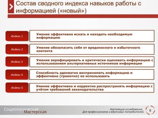 6
Состав сводного индекса навыков работы с
информацией («новый»)
Умение эффективно искать и находить необходимую
информацию
Умение обезопасить себя от вредоносного и избыточного
контента
Умение верифицировать и критически оценивать информацию с
использованием альтернативных источников информации
Умение эффективно и корректно распространять информацию с
учётом требований законодательства
Способность адекватно воспринимать информацию и
эффективно (грамотно) ее использовать
Индекс 1Индекс 1
Индекс 2Индекс 2
Индекс 3Индекс 3
Индекс 4Индекс 4
Индекс 5Индекс 5
 