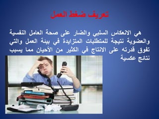 ‫العمل‬ ‫ضغط‬ ‫تعريف‬
‫هي‬‫االنعكاس‬‫السلبي‬‫والضار‬‫على‬‫صحة‬‫العامل‬‫النفس‬‫ية‬
‫والعضوية‬‫نتيجة‬‫للمتطلبات‬‫المتزايدة‬‫في‬‫بيئة‬‫العمل‬‫والتي‬
‫تفوق‬‫قدرته‬‫على‬‫االنتاج‬‫في‬‫الكثير‬‫من‬‫األحيان‬‫مما‬‫يس‬‫بب‬
‫نتائج‬‫عكسية‬
 