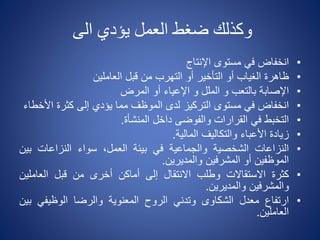 ‫الى‬ ‫يؤدي‬ ‫العمل‬ ‫ضغط‬ ‫وكذلك‬
•‫انخفاض‬‫في‬‫مستوى‬‫اإلنتاج‬
•‫ظاهرة‬‫الغياب‬‫أو‬‫التأخير‬‫أو‬‫التهرب‬‫من‬‫قبل‬‫العاملين‬
•‫اإلصابة‬‫بالتعب‬‫و‬‫الملل‬‫و‬‫اإلعياء‬‫أو‬‫المرض‬
•‫انخفاض‬‫في‬‫مستوى‬‫التركيز‬‫لدى‬‫الموظف‬‫مما‬‫يؤدي‬‫إلى‬‫كثرة‬‫األ‬‫خطاء‬
•‫التخبط‬‫في‬‫القرارات‬‫والفوضى‬‫داخل‬‫المنشأة‬.
•‫زيادة‬‫األعباء‬‫والتكاليف‬‫المالية‬.
•‫النزاعات‬‫الشخصية‬‫والجماعية‬‫في‬‫بيئة‬،‫العمل‬‫سواء‬‫النزاعات‬‫ب‬‫ين‬
‫الموظفين‬‫أو‬‫المشرفين‬‫والمديرين‬.
•‫كثرة‬‫االستقاالت‬‫وطلب‬‫االنتقال‬‫إلى‬‫أماكن‬‫أخرى‬‫من‬‫قبل‬‫العاملي‬‫ن‬
‫والمشرفين‬‫والمديرين‬.
•‫ارتفاع‬‫معدل‬‫الشكاوى‬‫وتدني‬‫الروح‬‫المعنوية‬‫والرضا‬‫الوظيفي‬‫ب‬‫ين‬
‫العاملين‬.
 