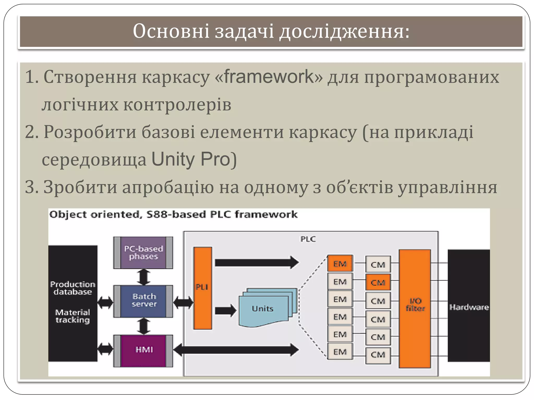 Основні задачі дослідження:
1. Створення каркасу «framework» для програмованих
логічних контролерів
2. Розробити базові елементи каркасу (на прикладі
середовища Unity Pro)
3. Зробити апробацію на одному з об’єктів управління
 