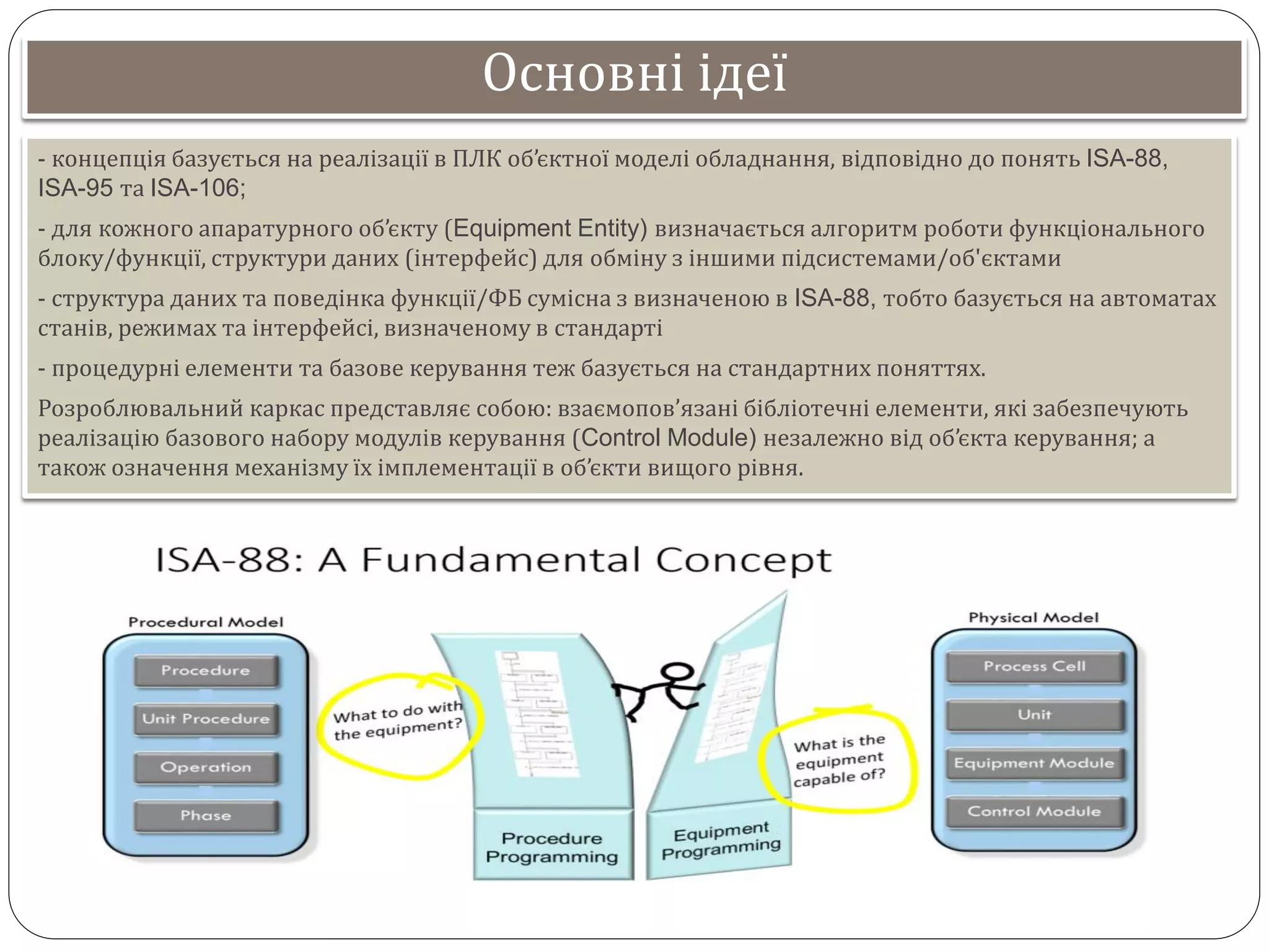 Основні ідеї
- концепція базується на реалізації в ПЛК об’єктної моделі обладнання, відповідно до понять ISA-88,
ISA-95 та ISA-106;
- для кожного апаратурного об’єкту (Equipment Entity) визначається алгоритм роботи функціонального
блоку/функції, структури даних (інтерфейс) для обміну з іншими підсистемами/об'єктами
- структура даних та поведінка функції/ФБ сумісна з визначеною в ISA-88, тобто базується на автоматах
станів, режимах та інтерфейсі, визначеному в стандарті
- процедурні елементи та базове керування теж базується на стандартних поняттях.
Розроблювальний каркас представляє собою: взаємопов’язані бібліотечні елементи, які забезпечують
реалізацію базового набору модулів керування (Control Module) незалежно від об’єкта керування; а
також означення механізму їх імплементації в об’єкти вищого рівня.
 