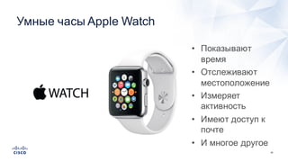 24
Умные  часы  Apple  Watch
• Показывают  
время
• Отслеживают  
местоположение
• Измеряет  
активность
• Имеют  доступ  к  
почте
• И  многое  другое
 