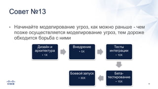 59
• Начинайте  моделирование  угроз,  как  можно  раньше  -­ чем  
позже  осуществляется  моделирование  угроз,  тем  дороже  
обходится  борьба  с  ними
Совет  №13  
Дизайн  и  
архитектура
• 1Х
Внедрение
• 5Х
Тесты  
интеграции
• 10Х
Бета-­
тестирование
• 15Х
Боевой  запуск
• 30Х
 