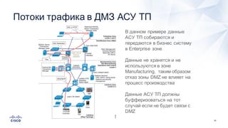 62
Big
В  данном  примере  данные  
АСУ  ТП  собираются  и  
передаются  в  бизнес  систему  
в  Enterprise  зоне
Данные  не  хранятся  и  не  
используются  в  зоне  
Manufacturing,   таким  образом  
отказ  зоны  DMZ  не  влияет  на  
процесс  производства
Данные  АСУ  ТП  должны  
буфферизоваться  на  тот  
случай  если  не  будет  связи  с  
DMZ
Потоки  трафика  в  ДМЗ  АСУ  ТП
 