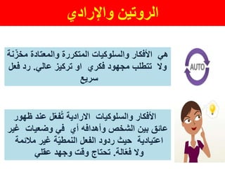 ‫واإلرادي‬ ‫الروتين‬
‫نة‬ّ‫مخز‬ ‫والمعتادة‬ ‫المتكررة‬ ‫والسلوكيات‬ ‫األفكار‬ ‫هي‬
‫تركيز‬ ‫او‬ ‫فكري‬ ‫مجهود‬ ‫تتطلب‬ ‫وال‬‫عالي‬.‫فعل‬ ‫رد‬
‫سريع‬
‫ظهور‬ ‫عند‬ ‫ل‬ّ‫ع‬‫ف‬ُ‫ت‬ ‫االرادية‬ ‫والسلوكيات‬ ‫األفكار‬
‫غير‬ ‫وضعيات‬ ‫في‬ ‫أي‬ ‫وأهدافه‬ ‫الشخص‬ ‫بين‬ ‫عائق‬
‫مالئمة‬ ‫غير‬ ‫ة‬ّ‫ي‬‫النمط‬ ‫الفعل‬ ‫ردود‬ ‫حيث‬ ‫اعتيادية‬
‫وال‬‫الة‬ّ‫ع‬‫ف‬.‫عقلي‬ ‫وجهد‬ ‫وقت‬ ‫تحتاج‬
 