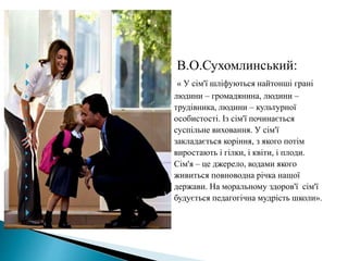  В.О.Сухомлинський:
 « У сім'ї шліфуються найтонші грані
 людини – громадянина, людини –
 трудівника, людини – культурної
 особистості. Із сім'ї починається
 суспільне виховання. У сім'ї
 закладається коріння, з якого потім
 виростають і гілки, і квіти, і плоди.
 Сім'я – це джерело, водами якого
 живиться повноводна річка нашої
 держави. На моральному здоров'ї сім'ї
 будується педагогічна мудрість школи».

 