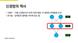 신경망의 역사
• 1980~ : 다층 신경망으로 XOR 문제 해결, 더 복잡한 문제들에 도전
• 은닉층 : 입력층과 출력층 사이에 있는 층
 