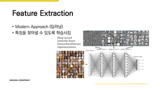 Feature Extraction
http://www.rsipvision.com/wp-content/uploads/2015/04/Slide6.png
• Modern Approach (딥러닝)
• 특징을 찾아낼 수 있도록 학습시킴
 