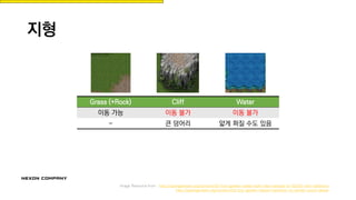 지형
Grass (+Rock) Cliff Water
이동 가능 이동 불가 이동 불가
- 큰 덩어리 얇게 퍼질 수도 있음
Image Resource from : http://opengameart.org/content/2d-lost-garden-zelda-style-tiles-resized-to-32x32-with-additions
http://opengameart.org/content/2d-lost-garden-tileset-transition-to-jetrels-wood-tileset
 
