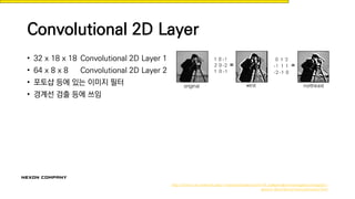 Convolutional 2D Layer
• 32 x 18 x 18 Convolutional 2D Layer 1
• 64 x 8 x 8 Convolutional 2D Layer 2
• 포토샵 등에 있는 이미지 필터
• 경계선 검출 등에 쓰임
http://www.cas.miamioh.edu/~meicenrd/anatomy/ch14_independentinvestigation/imagej/ij-
docs/ij-docs/docs/menus/process.html
 