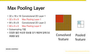 Max Pooling Layer
• 32 x 18 x 18 Convolutional 2D Layer 1
• 32 x 9 x 9 Max Pooling Layer 1
• 64 x 8 x 8 Convolutional 2D Layer 2
• 64 x 4 x 4 Max Pooling Layer 2
• Subsampling 기법
• 인접한 셀은 비슷한 정보를 갖기 때문에 압축으로
효율을 높임
http://ufldl.stanford.edu/tutorial/supervised/Pooling/
 