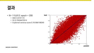 결과
• N= 115,812; epoch = 200
• MSE 0.0191173
• R2 0.75934472914
• Explained variance score 0.761066198349
test
predict
 