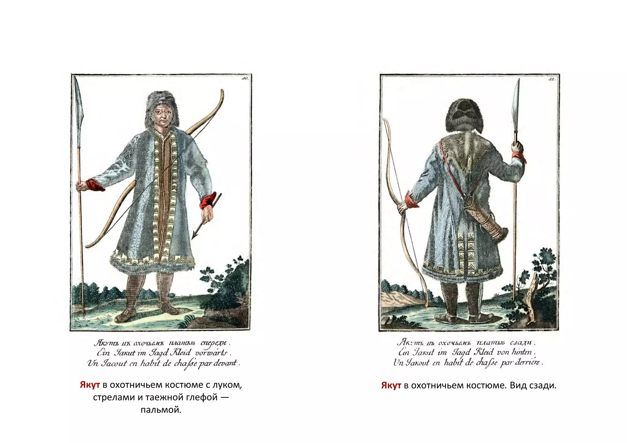 Якут в охотничьем костюме с луком,
стрелами и таежной глефой —
пальмой.
Якут в охотничьем костюме. Вид сзади.
 