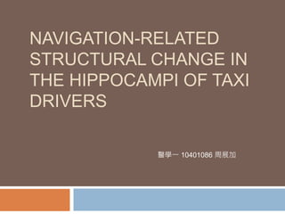 NAVIGATION-RELATED
STRUCTURAL CHANGE IN
THE HIPPOCAMPI OF TAXI
DRIVERS
醫學一 10401086 周展加
 