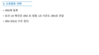 5. 스프린트 시작
• JIRA에 등록
• 요건 UX 확인은 JIRA 로 핑퐁, UX 시안도 JIRA로 전달
• JIRA ISSUE 구조 정의
 