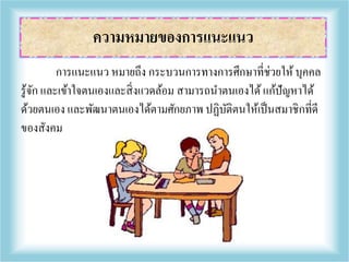 ความหมายของการแนะแนว
การแนะแนว หมายถึง กระบวนการทางการศึกษาที่ช่วยให้บุคคล
รู้จัก และเข้าใจตนเองและสิ่งแวดล้อม สามารถนาตนเองได้แก้ปัญหาได้
ด้วยตนเอง และพัฒนาตนเองได้ตามศักยภาพ ปฏิบัติตนให้เป็นสมาชิกที่ดี
ของสังคม
 