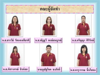 คณะผู้จัดทา
น.ส.สราวีย์ รัตนจงเกียรติ น.ส.ณัฏฐวี พงษ์สมบูรณ์ น.ส.อรัญญา ศิริรักษ์
น.ส.ภัสราภรณ์ สิงห์ลอ นายภูณัฐโชค ธงภักดิ์ น.ส.จารุวรรณ ชื่นใจชน
 