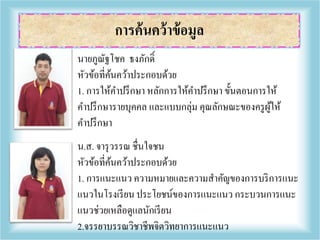 นายภูณัฐโชค ธงภักดิ์
หัวข้อที่ค้นคว้าประกอบด้วย
1. การให้คาปรึกษา หลักการให้คาปรึกษา ขั้นตอนการให้
คาปรึกษารายบุคคล และแบบกลุ่ม คุณลักษณะของครูผู้ให้
คาปรึกษา
น.ส. จารุวรรณ ชื่นใจชน
หัวข้อที่ค้นคว้าประกอบด้วย
1. การแนะแนว ความหมายและความสาคัญของการบริการแนะ
แนวในโรงเรียนประโยชน์ของการแนะแนว กระบวนการแนะ
แนวช่วยเหลือดูแลนักเรียน
2.จรรยาบรรณวิชาชีพจิตวิทยาการแนะแนว
การค้นคว้าข้อมูล
 