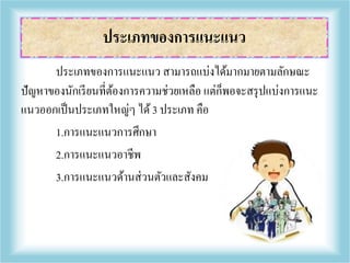 ประเภทของการแนะแนว สามารถแบ่งได้มากมายตามลักษณะ
ปัญหาของนักเรียนที่ต้องการความช่วยเหลือ แต่ก็พอจะสรุปแบ่งการแนะ
แนวออกเป็นประเภทใหญ่ๆ ได้3 ประเภท คือ
1.การแนะแนวการศึกษา
2.การแนะแนวอาชีพ
3.การแนะแนวด้านส่วนตัวและสังคม
ประเภทของการแนะแนว
 