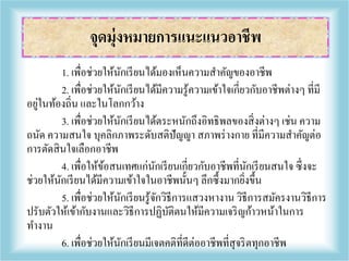 1. เพื่อช่วยให้นักเรียนได้มองเห็นความสาคัญของอาชีพ
2. เพื่อช่วยให้นักเรียนได้มีความรู้ความเข้าใจเกี่ยวกับอาชีพต่างๆ ที่มี
อยู่ในท้องถิ่น และในโลกกว้าง
3. เพื่อช่วยให้นักเรียนได้ตระหนักถึงอิทธิพลของสิ่งต่างๆ เช่น ความ
ถนัด ความสนใจ บุคลิกภาพระดับสติปัญญา สภาพร่างกาย ที่มีความสาคัญต่อ
การตัดสินใจเลือกอาชีพ
4. เพื่อให้ข้อสนเทศแก่นักเรียนเกี่ยวกับอาชีพที่นักเรียนสนใจ ซึ่งจะ
ช่วยให้นักเรียนได้มีความเข้าใจในอาชีพนั้นๆ ลึกซึ้งมากยิ่งขึ้น
5. เพื่อช่วยให้นักเรียนรู้จักวิธีการแสวงหางาน วิธีการสมัครงานวิธีการ
ปรับตัวให้เข้ากับงานและวิธีการปฏิบัติตนให้มีความเจริญก้าวหน้าในการ
ทางาน
6. เพื่อช่วยให้นักเรียนมีเจตคติที่ดีต่ออาชีพที่สุจริตทุกอาชีพ
จุดมุ่งหมายการแนะแนวอาชีพ
 