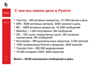 С чем мы имеем дело в Рунете
 Твиттер: ~4М активных аккаунтов, 12-15М твитов в день
 ЖЖ - 800К активных авторов, 300К за...