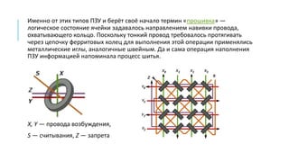 Именно от этих типов ПЗУ и берёт своё начало термин «прошивка» —
логическое состояние ячейки задавалось направлением навивки провода,
охватывающего кольцо. Поскольку тонкий провод требовалось протягивать
через цепочку ферритовых колец для выполнения этой операции применялись
металлические иглы, аналогичные швейным. Да и сама операция наполнения
ПЗУ информацией напоминала процесс шитья.
X, Y — провода возбуждения,
S — считывания, Z — запрета
 