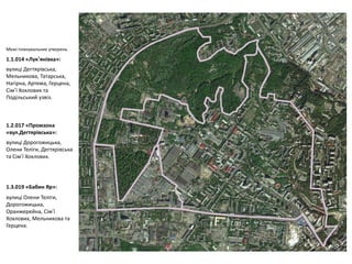 Межі планувальних утворень
1.1.014 «Лук’янівка»:
вулиці Дегтярівська,
Мельникова, Татарська,
Нагірна, Артема, Герцена,
Сім’ї Хохлових та
Подільський узвіз.
1.2.017 «Промзона
«вул.Дегтярівська»:
вулиці Дорогожицька,
Олени Теліги, Дегтярівська
та Сім’ї Хохлових.
1.3.019 «Бабин Яр»:
вулиці Олени Теліги,
Дорогожицька,
Оранжерейна, Сім’ї
Хохлових, Мельникова та
Герцена.
 