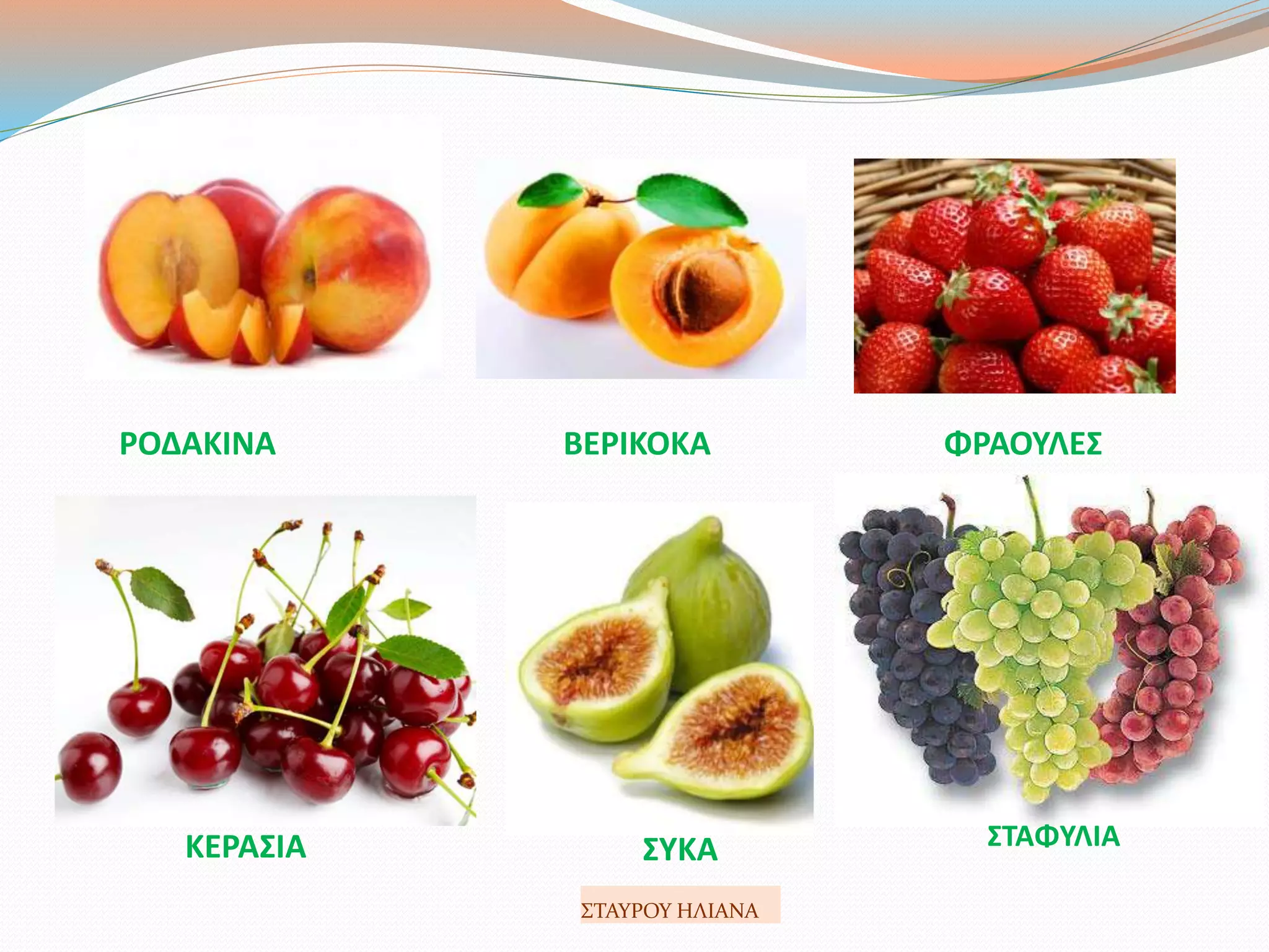 ΡΟΔΑΚΙΝΑ ΒΕΡΙΚΟΚΑ ΦΡΑΟΥΛΕΣ
ΚΕΡΑΣΙΑ ΣΥΚΑ ΣΤΑΦΥΛΙΑ
ΣΤΑΥΡΟΥ ΗΛΙΑΝΑ
 