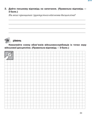 31
2.	 Дайте письмову відповідь на запитання. (Правильна відповідь  —
2 бали.)
На яких принципах ґрунтується військова дисципліна?
	
	
	
	
ІV рівень
Намалюйте схему обов’язків військовослужбовців із  точки зору
військової дисципліни. (Правильна відповідь — 3 бали.)
 