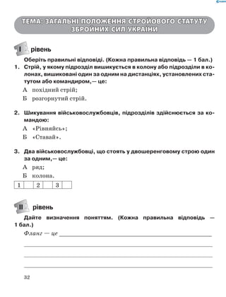 32
Тема: Загальні положення Стройового статуту
Збройних Сил України
І рівень
Оберіть правильні відповіді. (Кожна правильна відповідь — 1 бал.)
1.	 Стрій, у якому підрозділ вишикується в колону або підрозділи в ко­
лонах, вишиковані один за одним на дистанціях, установлених ста­
тутом або командиром,— це:
А	 похідний стрій;
Б	 розгорнутий стрій.
2.	 Шикування військовослужбовців, підрозділів здійснюється за ко­
мандою:
А	 «Рівняйсь»;
Б	 «Ставай».
3.	 Два військовослужбовці, що стоять у двошеренговому строю один
за одним,— це:
А	 ряд;
Б	 колона.
1 2 3
ІІ рівень
Дайте визначення поняттям. (Кожна правильна відповідь  —
1 бал.)
Фланг — це _____________________________________________
	
	
	
 