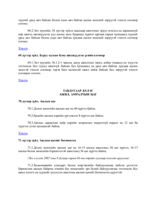 түүний урьд авч байсан болон одоо авч байгаа цалин хөлсний зөрүүтэй тэнцэх олговор
олгоно.
68.2.Энэ хуулийн 34 дүгээр зүйлд зааснаар ажилтныг эрүүл мэндэд нь харшлахгүй
өөр ажилд шилжүүлсэн үед цалин хөлс буурахад хүрвэл зургаан сарын хугацаанд түүний
урьд авч байсан болон одоо авч байгаа дундаж цалин хөлсний зөрүүтэй тэнцэх олговор
олгоно.
Хэвлэх
69 дүгээр зүйл. Буруу халсан буюу шилжүүлсэн үеийн олговор
69.1.Энэ хуулийн 36.1.2-т заасны дагуу ажилтныг ажил, албан тушаалд нь эгүүлэн
тогтоосон бол түүнд ажилгүй байсан бүх хугацаанд нь урьд авч байсан дундаж цалин
хөлстэй тэнцэх олговор, хэрэв бага цалинтай ажил хийж байсан бол зөрүүтэй тэнцэх
олговрыг олгоно.
Хэвлэх
ТАВДУГААР БҮЛЭГ
АЖИЛ, АМРАЛТЫН ЦАГ
70 дугаар зүйл. Ажлын цаг
70.1.Долоо хоногийн ажлын цаг нь 40 хүртэл байна.
70.2.Ердийн ажлын өдрийн үргэлжлэл 8 хүртэл цаг байна.
70.3.Ажлын дараалсан хоёр өдрийн хоорондох тасралтгүй амралт нь 12 цаг ба
түүнээс дээш хугацаатай байна.
Хэвлэх
71 дүгээр зүйл. Ажлын цагийг богиносгох
71.1.Долоо хоногийн ажлын цаг нь 14-15 насны ажилтанд 30 цаг хүртэл, 16-17
насны болон хөгжлийн бэрхшээлтэй ажилтанд 36 цаг хүртэл байна.
/Энэ хэсэгт 2007 оны 8 дугаар сарын 03-ны өдрийн хуулиар нэмэлт оруулсан/
71.2.Хөдөлмөрийн стандарт болон мэргэжлийн байгууллагаас хийсэн үнэлгээг
баримтлан ажлын байрны хэвийн бус нөхцөлийг эрх бүхий байгууллагаас тогтоосон бол
ажил олгогч нь түүнийг үндэслэн ажилтны ажлын цагийг богиносгох үүрэгтэй.
 