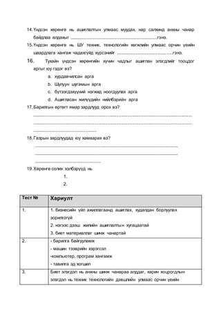 14.Үндсэн хөрөнгө нь ашиглалтын улмаас муудах, нар салхинд анхны чанар
байдлаа алдахыг .......................................................................гэнэ.
15.Үндсэн хөрөнгө нь ШУ техник, технологийн хөгжлийн улмаас орчин үеийн
шаардлага хангаж чадахгүйд хүрсэнийг ..............................................гэнэ.
16. Тухайн үндсэн хөрөнгийн хүчин чадлыг ашиглан элэгдлийг тооцдог
аргыг юу гэдэг вэ?
a. хурдавчилсан арга
b. Шулуун шугамын арга
c. бүтээгдэхүүний нэгжид ноогдуулах арга
d. Ашигласан жилүүдийн нийлбэрийн арга
17.Барилгын өртөгт ямар зардлууд орох вэ?
.................................................................................................................................
.................................................................................................................................
....................................................
18.Газрын зардлуудад юу хамаарах вэ?
................................................................................................................................
................................................................................................................................
......................................................
19.Хөрөнгө солих хэлбэрүүд нь
1.
2.
Тест № Хариулт
1. 1. бизнесийн үйл ажиллагаанд ашиглах, худалдан борлуулах
зорилгогүй
2. нэгээс дээш жилийн ашиглалтын хугацаатай
3. биет материаллаг шинж чанартай
2. - барилга байгууламж
- машин тээврийн хэрэгсэл
-компьютер, програм хангамж
- тавилга эд хогшил
3. Биет элэгдэл нь анхны шинж чанараа алддаг, харин хоцрогдлын
элэгдэл нь техник технологийн дэвшлийн улмаас орчин үеийн
 