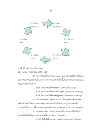 87
ภาพที่ 5.6 วงจรชีวิตการพัฒนาระบบ
ที่มา : มลิวัลย์ ประดิษฐ์ธีระ. 2554 : 8-17.
1.4.1 การตรวจสอบเบื้องต้น (Preliminary investigation) เพื่อรวบรวมปัญหา
และทาความเข้าใจปัญหาที่เกี่ยวข้องกับระบบสารสนเทศ เรียกว่าขั้นตอนการศึกษาความเป็นไปได้
ซึ่งแบ่งออกเป็น 3 ด้าน คือ
ด้านที่ 1 ความเป็นไปได้ทางเทคนิค (Technical feasibility)
ด้านที่ 2 ความเป็นไปได้ทางด้านการปฏิบัติ (Operational feasibility)
ด้านที่ 3 ความเป็นไปได้ทางเศรษฐศาสตร์ (Economical feasibility)
1.4.2 การวิเคราะห์ระบบ (System analysis) เป็นการวิเคราะห์ปัญหาของ
องค์การซึ่งจะแก้ไขโดยระบบสารสนเทศ ขั้นตอนนี้จะเกี่ยวข้องกับการระบุปัญหาขององค์การ
สาเหตุของปัญหา การแก้ปัญหา และระบุความต้องการสารสนเทศ (Information requirement)
1.4.3 การออกแบบระบบ (System design) เป็นการบรรยายเกี่ยวกับสิ่งที่
ระบบต้องทาเพื่อแก้ปัญหาองค์การ และวิธีการดาเนินงาน ประกอบด้วย
1.4.3.1 ปัจจัยนาเข้าของระบบ ผลผลิตของระบบ และการออกแบบ
1. การตรวจ
สอบเบื้องต้น
2. การวิเคราะห์
ระบบ
6. การบารุง
รักษาระบบ
5. การติดตั้ง
ระบบ
3. การออกแบบ
ระบบ
4. การพัฒนา
ระบบ
 