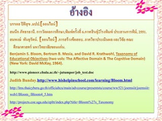 http://www.hishelpinschool.com/learning/Bloom.html
http://www.pioneer.chula.ac.th/~jutumpor/job_test.doc
http://lms.thaicyberu.go.th/officialtcu/main/advcourse/presentstu/course/ww521/joemsiit/joemsiit-
web1/Bloom_/Bloom4_5.htm
http://projects.coe.uga.edu/epltt/index.php?title=Bloom%27s_Taxonomy
 