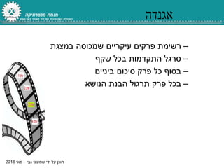 ‫גבי‬ ‫שמעוני‬ ‫ידי‬ ‫על‬ ‫הוכן‬–‫מאי‬2016
‫אגנדה‬
–‫רשימת‬‫במצגת‬ ‫שמכוסה‬ ‫עיקריים‬ ‫פרקים‬
–‫שקף‬ ‫בכל‬ ‫התקדמות‬ ‫סרגל‬
–‫ביניים‬ ‫סיכום‬ ‫פרק‬ ‫כל‬ ‫בסוף‬
–‫הנושא‬ ‫הבנת‬ ‫תרגול‬ ‫פרק‬ ‫בכל‬
 