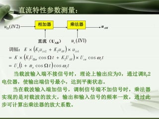 直流特性参数测量：
相加器 乘法器
AMu
直流（UAB） )1(INuc
)2(INu
当载波输入端不接信号时，理论上输出应为0，通过调RP2
电位器，使输出端信号最小，达到平衡状态。
当在载波输入端加信号，调制信号端不加信号时，乘法器
实现的是对载波的放大，输出和输入信号的频率一致，通过此
步可计算出乘法器的放大系数。
 
 
  ttmU
tUUKtUKK
uuKuKK
cao
ccmABm
inABin


coscos1
coscos
调幅：
21
1221




 