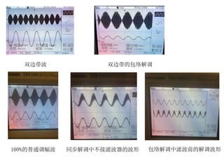 双边带波 双边带的包络解调
100%的普通调幅波 同步解调中不接滤波器的波形 包络解调中滤波前的解调波形
 