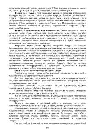 культурных традиций разных народов мира. Образ человека в искусстве разных
народов. Образы архитектуры и декоративно-прикладного искусства.
Родина моя - Россия. Роль природных условий в характере традиционной
культуры народов России. Пейзажи родной природы. Единство декоративного
строя в украшении жилища, предметов быта, орудий труда, костюма. Связь
изобразительного искусства с музыкой, песней, танцами, былинами, сказаниями,
сказками. Образ человека в традиционной культуре. Представления народа о
красоте человека (внешней и духовной), отражённые в искусстве. Образ
защитника Отечества.
Человек и человеческие взаимоотношения. Образ человека в разных
культурах мира. Образ современника. Жанр портрета. Темы любви, дружбы,
семьи в искусстве. Эмоциональная и художественная выразительность образов
персонажей, пробуждающих лучшие человеческие чувства и качества: доброту,
сострадание, поддержку, заботу, героизм, бескорыстие и т.д. Образы персонажей,
вызывающие гнев, раздражение, презрение.
Искусство дарит людям красоту. Искусство вокруг нас сегодня.
Использование различных художественных материалов и средств для создания
проектов красивых, удобных и выразительных предметов быта, видов транспорта.
Представление о роли изобразительных (пластических) искусств в повседневной
жизни человека, в организации его материального окружения. Отражение в
пластических искусствах природных, географических условий, традиций,
религиозных верований разных народов (на примере изобразительного и
декоративно-прикладного искусства народов России). Жанр натюрморта.
Художественное конструирование и оформление помещений и парков,
транспорта и посуды, мебели и одежды, книг и игрушек.
Опыт художественно-творческой деятельности
Участие в различных видах изобразительной, декоративно-прикладной и
художественно-конструкторской деятельности.
Освоение основ рисунка, живописи, скульптуры, декоративно-прикладного
искусства. Изображение с натуры, по памяти и воображению (натюрморт, пейзаж,
человек, животные, растения).
Овладение основами художественной грамоты: композицией, формой,
ритмом, линией, цветом, объёмом, фактурой.
Создание моделей предметов бытового окружения человека. Овладение
элементарными навыками лепки и бумагопластики.
Выбор и применение выразительных средств для реализации собственного
замысла в рисунке, живописи, аппликации, скульптуре, художественном
конструировании.
Передача настроения в творческой работе с помощью цвета, тона,
композиции, пространства, линии, штриха, пятна, объёма, фактуры материала.
Использование в индивидуальной и коллективной деятельности различных
художественных техник и материалов: коллажа, граттажа, аппликации,
компьютерной анимации, натурной мультипликации, фотографии, видеосъёмки,
бумажной пластики, гуаши, акварели, пастели, восковых мелков, туши,
карандаша, фломастеров, пластилина, глины, подручных и природных
материалов.
Участие в обсуждении содержания и выразительных средств произведений
103
 