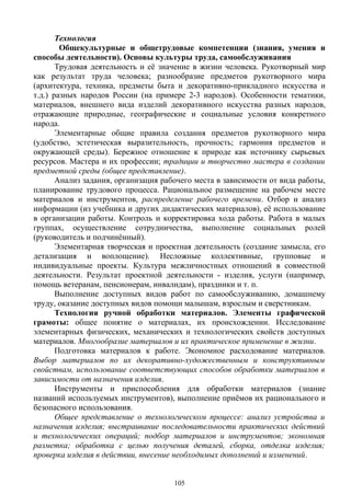 Технология
Общекультурные и общетрудовые компетенции (знания, умения и
способы деятельности). Основы культуры труда, самообслуживания
Трудовая деятельность и её значение в жизни человека. Рукотворный мир
как результат труда человека; разнообразие предметов рукотворного мира
(архитектура, техника, предметы быта и декоративно-прикладного искусства и
т.д.) разных народов России (на примере 2-3 народов). Особенности тематики,
материалов, внешнего вида изделий декоративного искусства разных народов,
отражающие природные, географические и социальные условия конкретного
народа.
Элементарные общие правила создания предметов рукотворного мира
(удобство, эстетическая выразительность, прочность; гармония предметов и
окружающей среды). Бережное отношение к природе как источнику сырьевых
ресурсов. Мастера и их профессии; традиции и творчество мастера в создании
предметной среды (общее представление).
Анализ задания, организация рабочего места в зависимости от вида работы,
планирование трудового процесса. Рациональное размещение на рабочем месте
материалов и инструментов, распределение рабочего времени. Отбор и анализ
информации (из учебника и других дидактических материалов), её использование
в организации работы. Контроль и корректировка хода работы. Работа в малых
группах, осуществление сотрудничества, выполнение социальных ролей
(руководитель и подчинённый).
Элементарная творческая и проектная деятельность (создание замысла, его
детализация и воплощение). Несложные коллективные, групповые и
индивидуальные проекты. Культура межличностных отношений в совместной
деятельности. Результат проектной деятельности - изделия, услуги (например,
помощь ветеранам, пенсионерам, инвалидам), праздники и т. п.
Выполнение доступных видов работ по самообслуживанию, домашнему
труду, оказание доступных видов помощи малышам, взрослым и сверстникам.
Технология ручной обработки материалов. Элементы графической
грамоты: общее понятие о материалах, их происхождении. Исследование
элементарных физических, механических и технологических свойств доступных
материалов. Многообразие материалов и их практическое применение в жизни.
Подготовка материалов к работе. Экономное расходование материалов.
Выбор материалов по их декоративно-художественным и конструктивным
свойствам, использование соответствующих способов обработки материалов в
зависимости от назначения изделия.
Инструменты и приспособления для обработки материалов (знание
названий используемых инструментов), выполнение приёмов их рационального и
безопасного использования.
Общее представление о технологическом процессе: анализ устройства и
назначения изделия; выстраивание последовательности практических действий
и технологических операций; подбор материалов и инструментов; экономная
разметка; обработка с целью получения деталей, сборка, отделка изделия;
проверка изделия в действии, внесение необходимых дополнений и изменений.
105
 