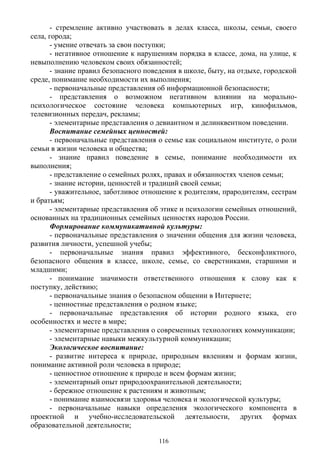 - стремление активно участвовать в делах класса, школы, семьи, своего
села, города;
- умение отвечать за свои поступки;
- негативное отношение к нарушениям порядка в классе, дома, на улице, к
невыполнению человеком своих обязанностей;
- знание правил безопасного поведения в школе, быту, на отдыхе, городской
среде, понимание необходимости их выполнения;
- первоначальные представления об информационной безопасности;
- представления о возможном негативном влиянии на морально-
психологическое состояние человека компьютерных игр, кинофильмов,
телевизионных передач, рекламы;
- элементарные представления о девиантном и делинквентном поведении.
Воспитание семейных ценностей:
- первоначальные представления о семье как социальном институте, о роли
семьи в жизни человека и общества;
- знание правил поведение в семье, понимание необходимости их
выполнения;
- представление о семейных ролях, правах и обязанностях членов семьи;
- знание истории, ценностей и традиций своей семьи;
- уважительное, заботливое отношение к родителям, прародителям, сестрам
и братьям;
- элементарные представления об этике и психологии семейных отношений,
основанных на традиционных семейных ценностях народов России.
Формирование коммуникативной культуры:
- первоначальные представления о значении общения для жизни человека,
развития личности, успешной учебы;
- первоначальные знания правил эффективного, бесконфликтного,
безопасного общения в классе, школе, семье, со сверстниками, старшими и
младшими;
- понимание значимости ответственного отношения к слову как к
поступку, действию;
- первоначальные знания о безопасном общении в Интернете;
- ценностные представления о родном языке;
- первоначальные представления об истории родного языка, его
особенностях и месте в мире;
- элементарные представления о современных технологиях коммуникации;
- элементарные навыки межкультурной коммуникации;
Экологическое воспитание:
- развитие интереса к природе, природным явлениям и формам жизни,
понимание активной роли человека в природе;
- ценностное отношение к природе и всем формам жизни;
- элементарный опыт природоохранительной деятельности;
- бережное отношение к растениям и животным;
- понимание взаимосвязи здоровья человека и экологической культуры;
- первоначальные навыки определения экологического компонента в
проектной и учебно-исследовательской деятельности, других формах
образовательной деятельности;
116
 