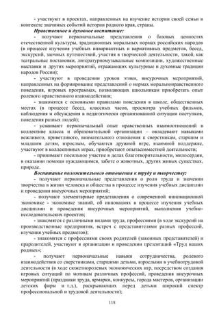 - участвуют в проектах, направленных на изучение истории своей семьи в
контексте значимых событий истории родного края, страны.
Нравственное и духовное воспитание:
- получают первоначальные представления о базовых ценностях
отечественной культуры, традиционных моральных нормах российских народов
(в процессе изучения учебных инвариантных и вариативных предметов, бесед,
экскурсий, заочных путешествий, участия в творческой деятельности, такой, как
театральные постановки, литературномузыкальные композиции, художественные
выставки и других мероприятий, отражающих  культурные и духовные традиции
народов России);
- участвуют в проведении уроков этики, внеурочных мероприятий,
направленных на формирование представлений о нормах моральнонравственного
поведения, игровых программах, позволяющих школьникам приобретать опыт
ролевого нравственного взаимодействия;
- знакомятся с основными правилами поведения в школе, общественных
местах (в процессе бесед, классных часов, просмотра учебных фильмов,
наблюдения и обсуждения в педагогически организованной ситуации поступков,
поведения разных людей);
- усваивают первоначальный опыт нравственных взаимоотношений в
коллективе класса и образовательной организации – овладевают навыками
вежливого, приветливого, внимательного отношения к сверстникам, старшим и
младшим детям, взрослым, обучаются дружной игре, взаимной поддержке,
участвуют в коллективных играх, приобретают опытасовместной деятельности;
- принимают посильное участие в делах благотворительности, милосердия,
в оказании помощи нуждающимся, заботе о животных, других живых существах,
природе.
Воспитание положительного отношения к труду и творчеству:
- получают первоначальные представления о роли труда и значении
творчества в жизни человека и общества в процессе изучения учебных дисциплин
и проведения внеурочных мероприятий;
- получают элементарные представления о современной инновационной
экономике - экономике знаний, об инновациях в процессе изучения учебных
дисциплин и проведения внеурочных мероприятий, выполнения учебно-
исследовательских проектов;
- знакомятся с различными видами труда, профессиями (в ходе экскурсий на
производственные предприятия, встреч с представителями разных профессий,
изучения учебных предметов);
- знакомятся с профессиями своих родителей (законных представителей) и
прародителей, участвуют в организации и проведении презентаций «Труд наших
родных»;
- получают первоначальные навыки сотрудничества, ролевого
взаимодействия со сверстниками, старшими детьми, взрослыми в учебнотрудовой
деятельности (в ходе сюжетноролевых экономических игр, посредством создания
игровых ситуаций по мотивам различных профессий, проведения внеурочных
мероприятий (праздники труда, ярмарки, конкурсы, города мастеров, организации
детских фирм и т.д.), раскры  вающих перед детьми широкий спектр
профессиональной и трудовой деятельности);
118
 