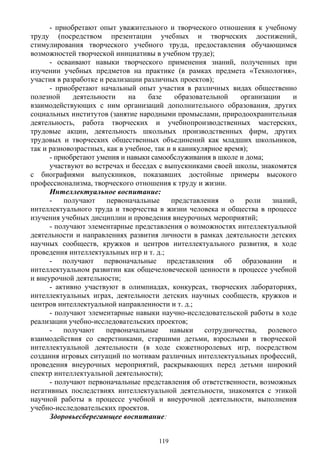 - приобретают опыт уважительного и творческого отношения к учебному
труду (посредством презентации учебных и творческих достижений,
стимулирования творческого учебного труда, предоставления обучающимся
возможностей творческой инициативы в учебном труде);
- осваивают навыки творческого применения знаний, полученных при
изучении учебных предметов на практике (в рамках предмета «Технология»,
участия в разработке и реализации различных проектов);
- приобретают начальный опыт участия в различных видах общественно
полезной деятельности на базе образовательной организации и
взаимодействующих с ним организаций дополнительного образования, других
социальных институтов (занятие народными промыслами, природоохранительная
деятельность, работа творческих и учебнопроизводственных мастерских,
трудовые акции, деятельность школьных производственных фирм, других
трудовых и творческих общественных объединений как младших школьников,
так и разновозрастных, как в учебное, так и в каникулярное время);
- приобретают умения и навыки самообслуживания в школе и дома;
участвуют во встречах и беседах с выпускниками своей школы, знакомятся
с биографиями выпускников, показавших достойные примеры высокого
профессионализма, творческого отношения к труду и жизни.
Интеллектуальное воспитание:
- получают первоначальные представления о роли знаний,
интеллектуального труда и творчества в жизни человека и общества в процессе
изучения учебных дисциплин и проведения внеурочных мероприятий;
- получают элементарные представления о возможностях интеллектуальной
деятельности и направлениях развития личности в рамках деятельности детских
научных сообществ, кружков и центров интеллектуального развития, в ходе
проведения интеллектуальных игр и т. д.;
- получают первоначальные представления об образовании и
интеллектуальном развитии как общечеловеческой ценности в процессе учебной
и внеурочной деятельности;
- активно участвуют в олимпиадах, конкурсах, творческих лабораториях,
интеллектуальных играх, деятельности детских научных сообществ, кружков и
центров интеллектуальной направленности и т. д.;
- получают элементарные навыки научно-исследовательской работы в ходе
реализации учебно-исследовательских проектов;
- получают первоначальные навыки сотрудничества, ролевого
взаимодействия со сверстниками, старшими детьми, взрослыми в творческой
интеллектуальной деятельности (в ходе сюжетноролевых игр, посредством
создания игровых ситуаций по мотивам различных интеллектуальных профессий,
проведения внеурочных мероприятий, раскрывающих перед детьми широкий
спектр интеллектуальной деятельности);
- получают первоначальные представления об ответственности, возможных
негативных последствиях интеллектуальной деятельности, знакомятся с этикой
научной работы в процессе учебной и внеурочной деятельности, выполнения
учебно-исследовательских проектов.
Здоровьесберегающее воспитание:
119
 