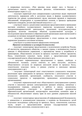 и некрасивые поступки», «Чем красивы люди вокруг нас», в беседах о
прочитанных книгах, художественных фильмах, телевизионных передачах,
компьютерных играх и т.д.);
- получают первичный опыт самореализации в различных видах творческой
деятельности, выражения себя в доступных видах и формах художественного
творчества (на уроках художественного труда, школьных кружков и творческих
объединений, литературных и художественных салонов, в процессе проведения
творческих конкурсов, детских фестивалей искусств и т. д.);
- участвуют вместе с родителями (законными представителями) в проведении
выставок семейного художественного творчества, музыкальных вечеров, в
экскурсионнокраеведческой деятельности, реализации культурнодосуговых
программ, включая посещение объектов художественной культуры с
последующим представлением в образовательной организации своих впечатлений и
созданных по мотивам экскурсий творческих работ;
- получают элементарные представления о стиле одежды как способе
выражения душевного состояния человека;
- участвуют в художественном оформлении помещений.
Правовое воспитание и культура безопасности:
- получают элементарные представления о политическом устройстве России,
об институтах гражданского общества, о законах страны, о возможностях участия
граждан в общественном управлении, о верховенстве закона и потребности в
правопорядке, общественном согласии (в процессе изучения учебных предметов,
бесед, тематических классных часов, встреч с представителями органов
государственной власти, общественными деятелями и др.);
- получают первоначальные представления о правах, свободах и
обязанностях человека, учатся отвечать за свои поступки, достигать
общественного согласия по вопросам школьной жизни (в процессе бесед,
тематических классных часов, в рамках участия в школьных органах
самоуправления и др.);
- получают элементарный опыт ответственного социального поведения,
реализации прав гражданина (в процессе знакомства с деятельностью детско-
юношеских движений, организаций, сообществ, посильного участия в
социальных проектах и мероприятиях, проводимых детскоюношескими
организациями);
- получают первоначальный опыт общественного самоуправления в рамках
участия в школьных органах самоуправления (решают вопросы, связанные с
поддержанием порядка, дежурства и работы в школе, дисциплины,
самообслуживанием; участвуют в принятии решений руководства
образовательной организацией; контролируют выполнение основных прав и
обязанностей; обеспечивают защиту прав на всех уровнях управления школой
и т.д.);
- получают элементарные представления об информационной безопасности,
о девиантном и делинквентном поведении, о влиянии на безопасность детей
отдельных молодежных субкультур (в процессе, бесед, тематических классных
часов, встреч с представителями органов государственной власти,
общественными деятелями, специалистами и др.);
122
 