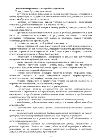Личностные универсальные учебные действия.
У выпускника будут сформированы:
- внутренняя позиция школьника на уровне положительного отношения к
школе, ориентации на содержательные моменты школьной действительности и
принятия образца «хорошего ученика»;
- широкая мотивационная основа учебной деятельности, включающая
социальные, учебнопознавательные и внешние мотивы;
- учебнопознавательный интерес к новому учебному материалу и способам
решения новой задачи;
- ориентация на понимание причин успеха в учебной деятельности, в том
числе на самоанализ и самоконтроль результата, на анализ соответствия
результатов требованиям конкретной задачи, на понимание оценок учителей,
товарищей, родителей и других людей;
- способность к оценке своей учебной деятельности;
- основы гражданской идентичности, своей этнической принадлежности в
форме осознания «Я» как члена семьи, представителя народа, гражданина России,
чувства сопричастности и гордости за свою Родину, народ и историю, осознание
ответственности человека за общее благополучие;
- ориентация в нравственном содержании и смысле как собственных
поступков, так и поступков окружающих людей;
- знание основных моральных норм и ориентация на их выполнение;
- развитие этических чувств - стыда, вины, совести как регуляторов
морального поведения; понимание чувств других людей и сопереживание им;
- установка на здоровый образ жизни;
- основы экологической культуры: принятие ценности природного мира,
готовность следовать в своей деятельности нормам природоохранного,
нерасточительного, здоровьесберегающего поведения;
- чувство прекрасного и эстетические чувства на основе знакомства с
мировой и отечественной художественной культурой.
Выпускник получит возможность для формирования:
- внутренней позиции обучающегося на уровне положительного
отношения к образовательной организации, понимания необходимости учения,
выраженного в преобладании учебнопознавательных мотивов и предпочтении
социального способа оценки знаний;
- выраженной устойчивой учебнопознавательной мотивации учения;
- устойчивого учебнопознавательного интереса к новым общим способам
решения задач;
- адекватного понимания причин успешности/неуспешности учебной
деятельности;
- положительной адекватной дифференцированной самооценки на основе
критерия успешности реализации социальной роли «хорошего ученика»;
- компетентности в реализации основ гражданской идентичности в
поступках и деятельности;
- морального сознания на конвенциональном уровне, способности к
решению моральных дилемм на основе учёта позиций партнёров в общении,
ориентации на их мотивы и чувства, устойчивое следование в поведении
моральным нормам и этическим требованиям;
13
 