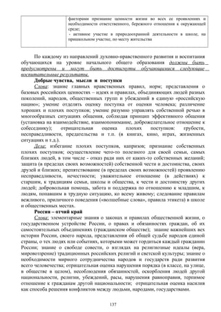 факторами признание ценности жизни во всех ее проявлениях и
необходимости ответственного, бережного отношения к окружающей
среде;
- активное участие в природоохранной деятельности в школе, на
пришкольном участке, по месту жительства
По каждому из направлений духовно-нравственного развития и воспитания
обучающихся на уровне начального общего образования должны быть
предусмотрены и могут быть достигнуты обучающимися следующие
воспитательные результаты.
Добрые чувства, мысли и поступкиДобрые чувства, мысли и поступки
Слова: знание главных нравственных правил, норм; представления о
базовых российских ценностях – идеях и правилах, объединяющих людей разных
поколений, народов, общественных групп и убеждений в единую «российскую
нацию»; умение отделять оценку поступка от оценки человека; различение
хороших и плохих поступков; умение разумно управлять собственной речью в
многообразных ситуациях общения, соблюдая принцип эффективного общения
(установка на взаимодействие, взаимопонимание, доброжелательное отношение к
собеседнику); отрицательная оценка плохих поступков: грубости,
несправедливости, предательства и т.п. (в книгах, кино, играх, жизненных
ситуациях и т.д.).
Дела: избегание плохих поступков, капризов; признание собственных
плохих поступков; осуществление чего-то полезного для своей семьи, самых
близких людей, в том числе - отказ ради них от каких-то собственных желаний;
защита (в пределах своих возможностей) собственной чести и достоинства, своих
друзей и близких; препятствование (в пределах своих возможностей) проявлению
несправедливости, нечестности; уважительное отношение (в действиях) к
старшим, к традициям семьи, школы и общества, к чести и достоинству других
людей; добровольная помощь, забота и поддержка по отношению к младшим, к
людям, попавшим в трудную ситуацию, ко всему живому; следование правилам
вежливого, приличного поведения («волшебные слова», правила этикета) в школе
и общественных местах.
Россия – отчий крайРоссия – отчий край
Слова: элементарные знания о законах и правилах общественной жизни, о
государственном устройстве России, о правах и обязанностях граждан, об их
самостоятельных объединениях (гражданском обществе); знание важнейших вех
истории России, своего народа, представления об общей судьбе народов единой
страны, о тех людях или событиях, которыми может гордиться каждый гражданин
России; знание о свободе совести, о взглядах на религиозные идеалы (вера,
мировоззрение) традиционных российских религий и светской культуры; знание о
необходимости мирного сотрудничества народов и государств ради развития
всего человечества; отрицательная оценка нарушения порядка (в классе, на улице,
в обществе в целом), несоблюдения обязанностей, оскорбления людей другой
национальности, религии, убеждений, расы, нарушения равноправия, терпимое
отношение к гражданам другой национальности; отрицательная оценка насилия
как способа решения конфликтов между людьми, народами, государствами.
137
 