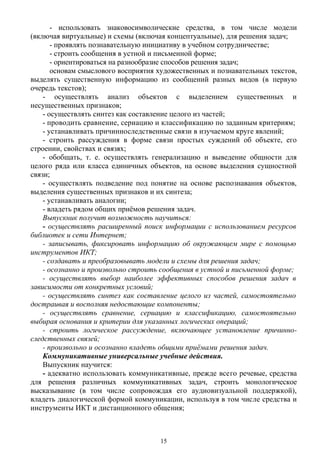 - использовать знаковосимволические средства, в том числе модели
(включая виртуальные) и схемы (включая концептуальные), для решения задач;
- проявлять познавательную инициативу в учебном сотрудничестве;
- строить сообщения в устной и письменной форме;
- ориентироваться на разнообразие способов решения задач;
основам смыслового восприятия художественных и познавательных текстов,
выделять существенную информацию из сообщений разных видов (в первую
очередь текстов);
- осуществлять анализ объектов с выделением существенных и
несущественных признаков;
- осуществлять синтез как составление целого из частей;
- проводить сравнение, сериацию и классификацию по заданным критериям;
- устанавливать причинноследственные связи в изучаемом круге явлений;
- строить рассуждения в форме связи простых суждений об объекте, его
строении, свойствах и связях;
- обобщать, т. е. осуществлять генерализацию и выведение общности для 
целого ряда или класса единичных объектов, на основе выделения сущностной
связи;
- осуществлять подведение под понятие на основе распознавания объектов,
выделения существенных признаков и их синтеза;
- устанавливать аналогии;
- владеть рядом общих приёмов решения задач.
Выпускник получит возможность научиться:
- осуществлять расширенный поиск информации с использованием ресурсов
библиотек и сети Интернет;
- записывать, фиксировать информацию об окружающем мире с помощью
инструментов ИКТ;
- создавать и преобразовывать модели и схемы для решения задач;
- осознанно и произвольно строить сообщения в устной и письменной форме;
- осуществлять выбор наиболее эффективных способов решения задач в
зависимости от конкретных условий;
- осуществлять синтез как составление целого из частей, самостоятельно
достраивая и восполняя недостающие компоненты;
- осуществлять сравнение, сериацию и классификацию, самостоятельно
выбирая основания и критерии для указанных логических операций;
- строить логическое рассуждение, включающее установление причинно-
следственных связей;
- произвольно и осознанно владеть общими приёмами решения задач.
Коммуникативные универсальные учебные действия.
Выпускник научится:
- адекватно использовать коммуникативные, прежде всего речевые, средства
для решения различных коммуникативных задач, строить монологическое
высказывание (в том числе сопровождая его аудиовизуальной поддержкой),
владеть диалогической формой коммуникации, используя в том числе средства и
инструменты ИКТ и дистанционного общения;
15
 