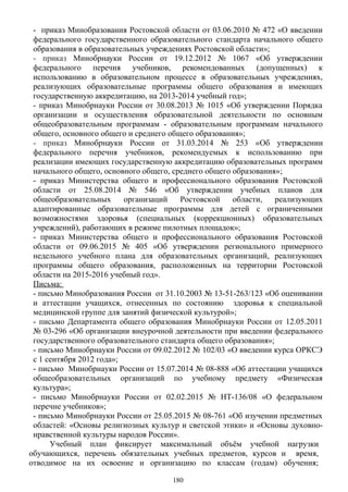 - приказ Минобразования Ростовской области от 03.06.2010 № 472 «О введении
федерального государственного образовательного стандарта начального общего
образования в образовательных учреждениях Ростовской области»;
- приказ Минобрнауки России от 19.12.2012 № 1067 «Об утверждении
федерального перечня учебников, рекомендованных (допущенных) к
использованию в образовательном процессе в образовательных учреждениях,
реализующих образовательные программы общего образования и имеющих
государственную аккредитацию, на 2013-2014 учебный год»;
- приказ Минобрнауки России от 30.08.2013 № 1015 «Об утверждении Порядка
организации и осуществления образовательной деятельности по основным
общеобразовательным программам - образовательным программам начального
общего, основного общего и среднего общего образования»;
- приказ Минобрнауки России от 31.03.2014 № 253 «Об утверждении
федерального перечня учебников, рекомендуемых к использованию при
реализации имеющих государственную аккредитацию образовательных программ
начального общего, основного общего, среднего общего образования»;
- приказ Министерства общего и профессионального образования Ростовской
области от 25.08.2014 № 546 «Об утверждении учебных планов для
общеобразовательных организаций Ростовской области, реализующих
адаптированные образовательные программы для детей с ограниченными
возможностями здоровья (специальных (коррекционных) образовательных
учреждений), работающих в режиме пилотных площадок»;
- приказ Министерства общего и профессионального образования Ростовской
области от 09.06.2015 № 405 «Об утверждении регионального примерного
недельного учебного плана для образовательных организаций, реализующих
программы общего образования, расположенных на территории Ростовской
области на 2015-2016 учебный год».
Письма:
- письмо Минобразования России от 31.10.2003 № 13-51-263/123 «Об оценивании
и аттестации учащихся, отнесенных по состоянию здоровья к специальной
медицинской группе для занятий физической культурой»;
- письмо Департамента общего образования Минобрнауки России от 12.05.2011
№ 03-296 «Об организации внеурочной деятельности при введении федерального
государственного образовательного стандарта общего образования»;
- письмо Минобрнауки России от 09.02.2012 № 102/03 «О введении курса ОРКСЭ
с 1 сентября 2012 года»;
- письмо Минобрнауки России от 15.07.2014 № 08-888 «Об аттестации учащихся
общеобразовательных организаций по учебному предмету «Физическая
культура»;
- письмо Минобрнауки России от 02.02.2015 № НТ-136/08 «О федеральном
перечне учебников»;
- письмо Минобрнауки России от 25.05.2015 № 08-761 «Об изучении предметных
областей: «Основы религиозных культур и светской этики» и «Основы духовно-
нравственной культуры народов России».
Учебный план фиксирует максимальный объём учебной нагрузки
обучающихся, перечень обязательных учебных предметов, курсов и время,
отводимое на их освоение и организацию по классам (годам) обучения;
180
 